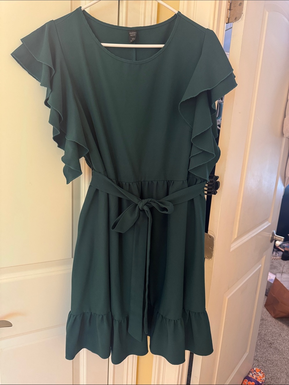 Love Tree Dark Green Ruffle Tie-Waist Mini Dress